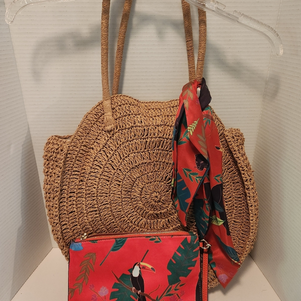INC International Concepts Tan and Red Tote with Structured Design